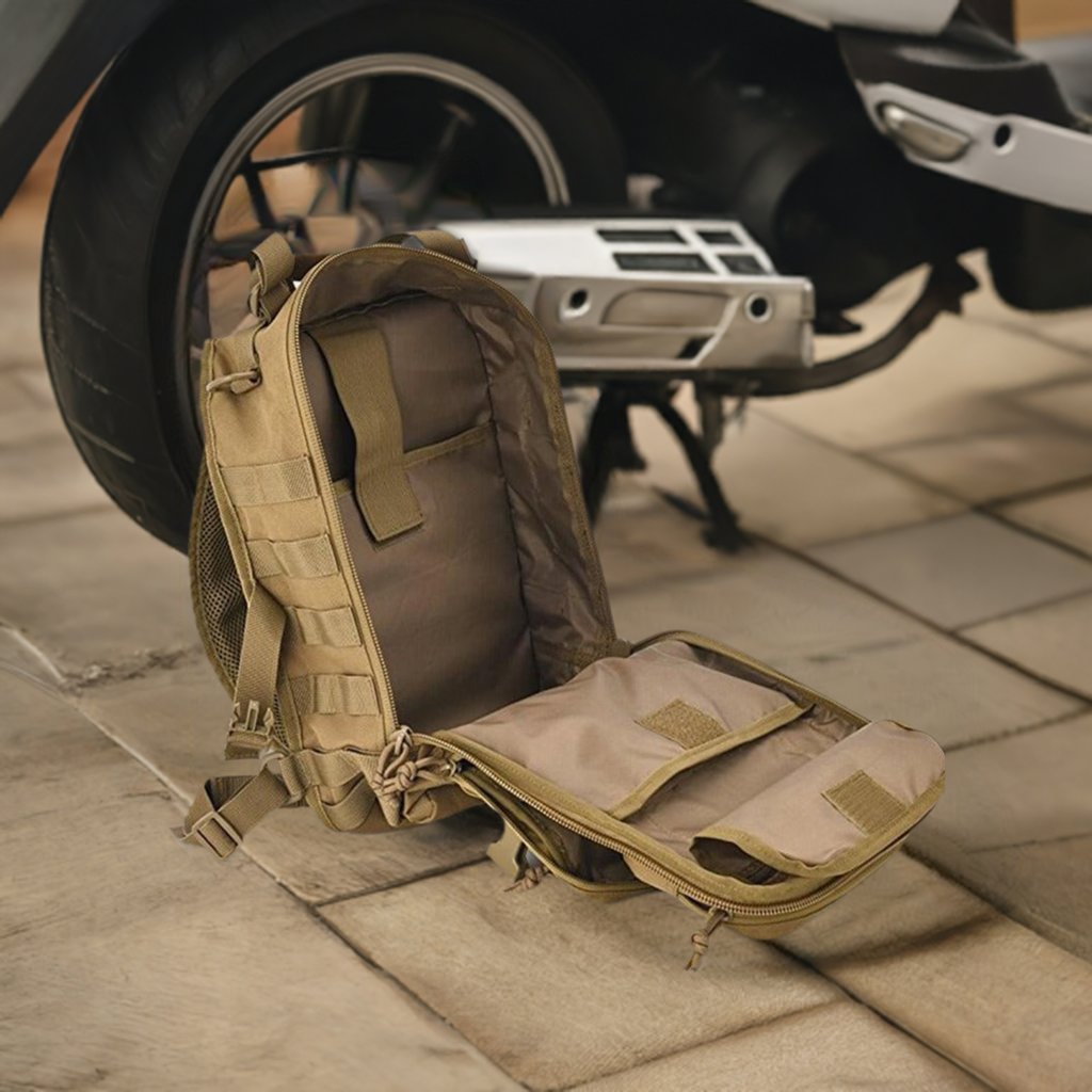 Khaki Color Opt. Military Rucksack/Satchel next to Motor Bike 