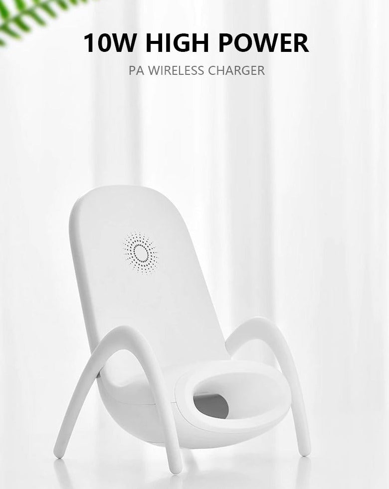 Wireless Mobile Phone Charging Station; Qi Device Compatible; Charging Pad; Design White; Stand Designed As Chair; Speaker