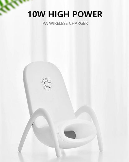 Wireless Mobile Phone Charging Station; Qi Device Compatible; Charging Pad; Design White; Stand Designed As Chair; Speaker