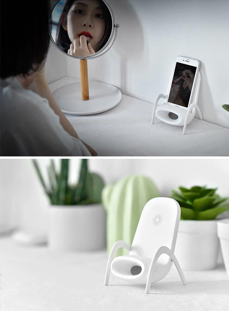 Wireless Mobile Phone Charging Station; Qi Device Compatible; Charging Pad; Design White; Stand Designed As Chair; Desk Accessory; Lounge Accessory 