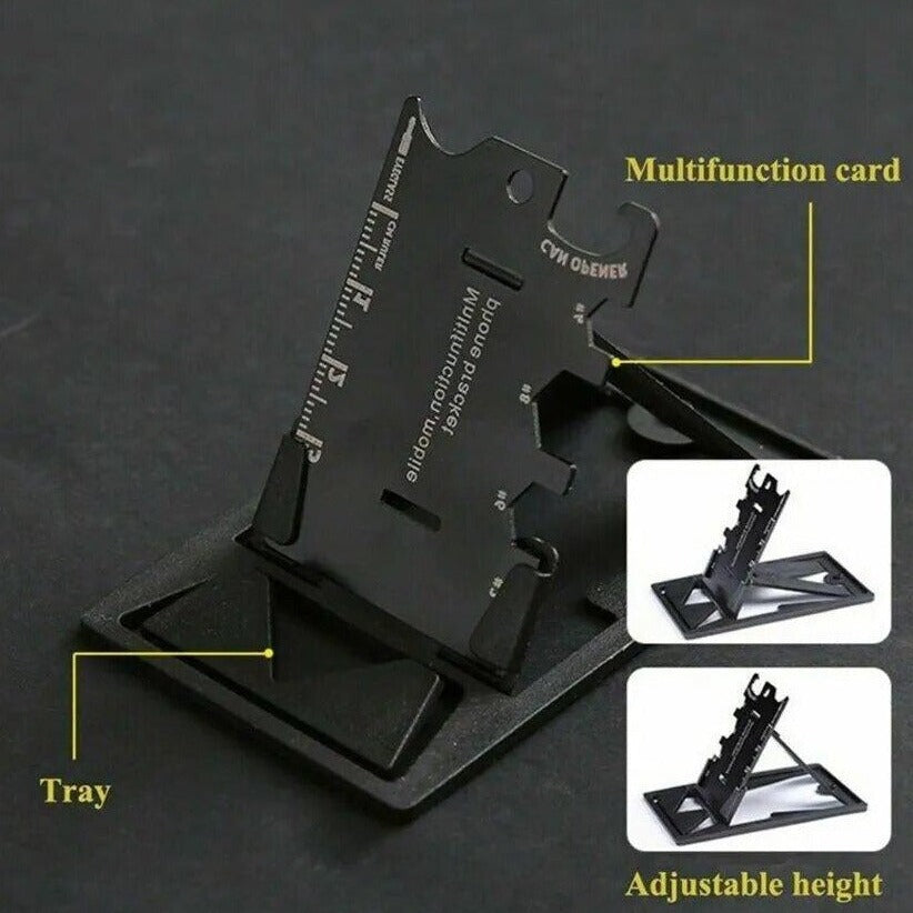 Card Sized stainless steel Phone Holder, tool depiction